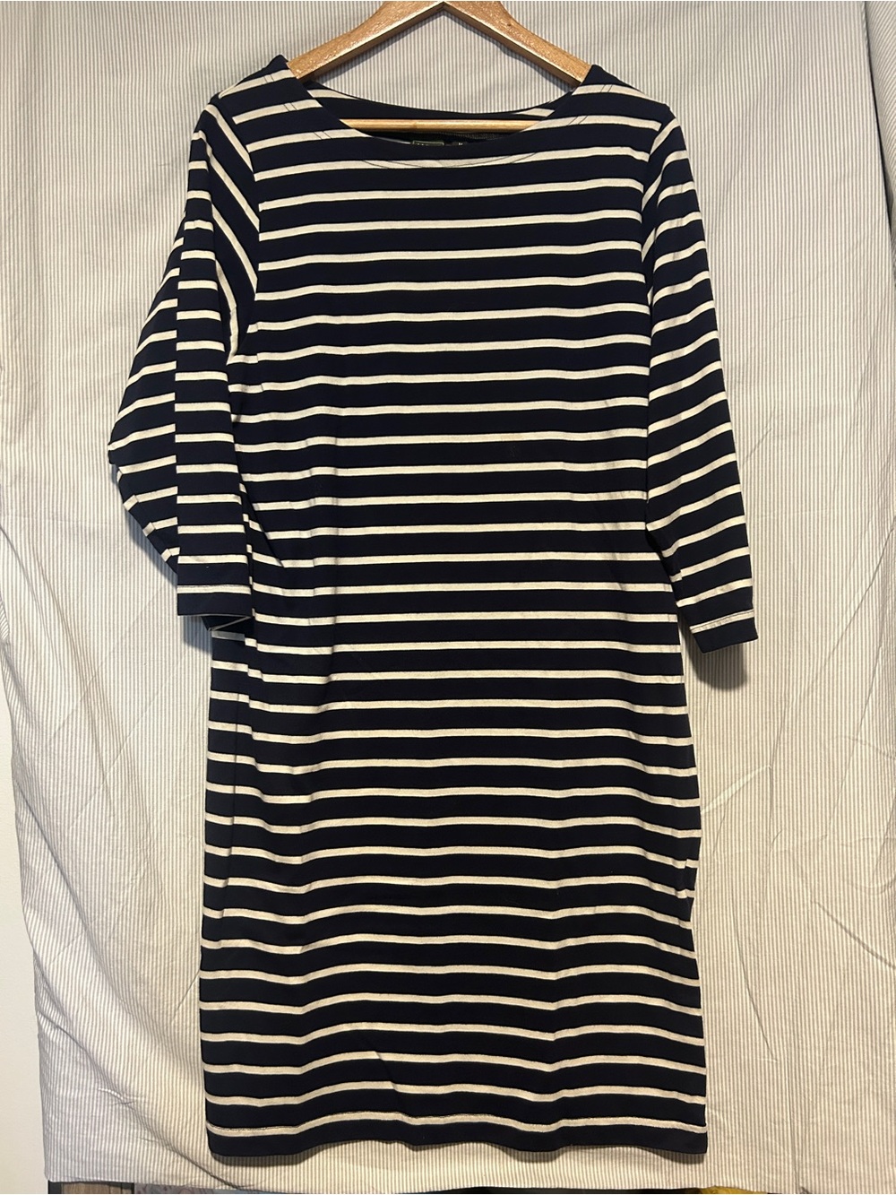 L.L. Bean Navy and White Striped Midi Boatneck Dress